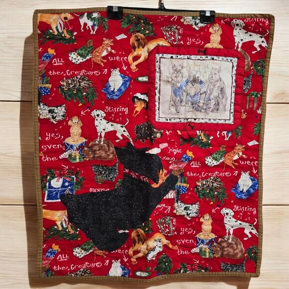 Handmade 1988 Artist Signed Mischievous Dogs Cats Christmas Quilted Wall Hanging - Picture 1 of 14